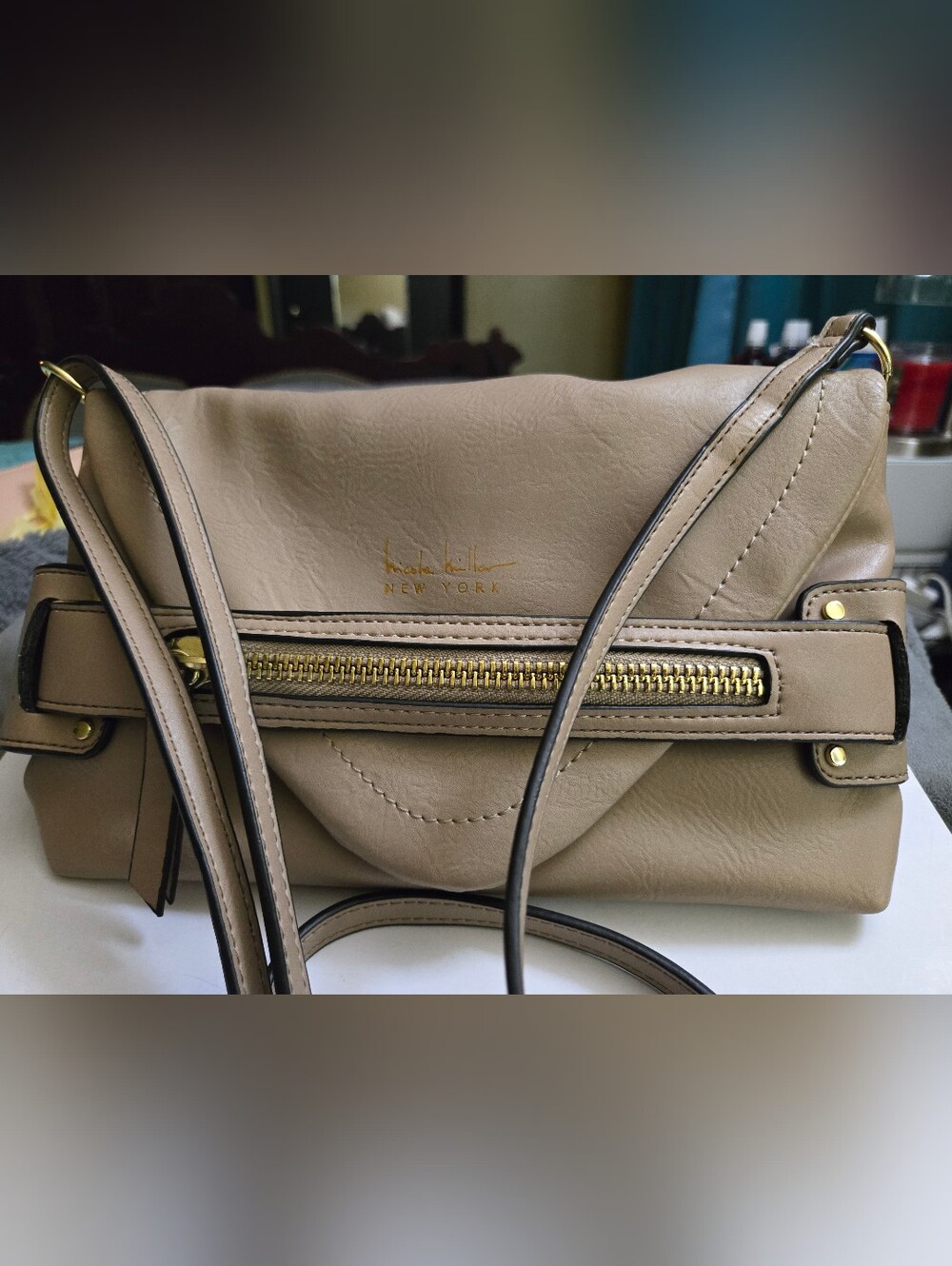 Nicole Miller "Laura"  Beige  Crossbody Bag with Gold Hardware